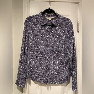 Boden Size 10 Navy Blue White Floral Print Round Collar Long Sleeve Button Top